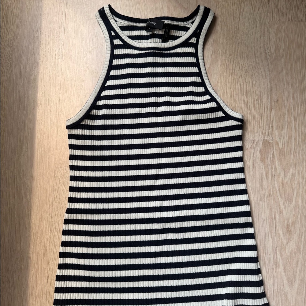 Theory Black and Cream Striped Tank Top